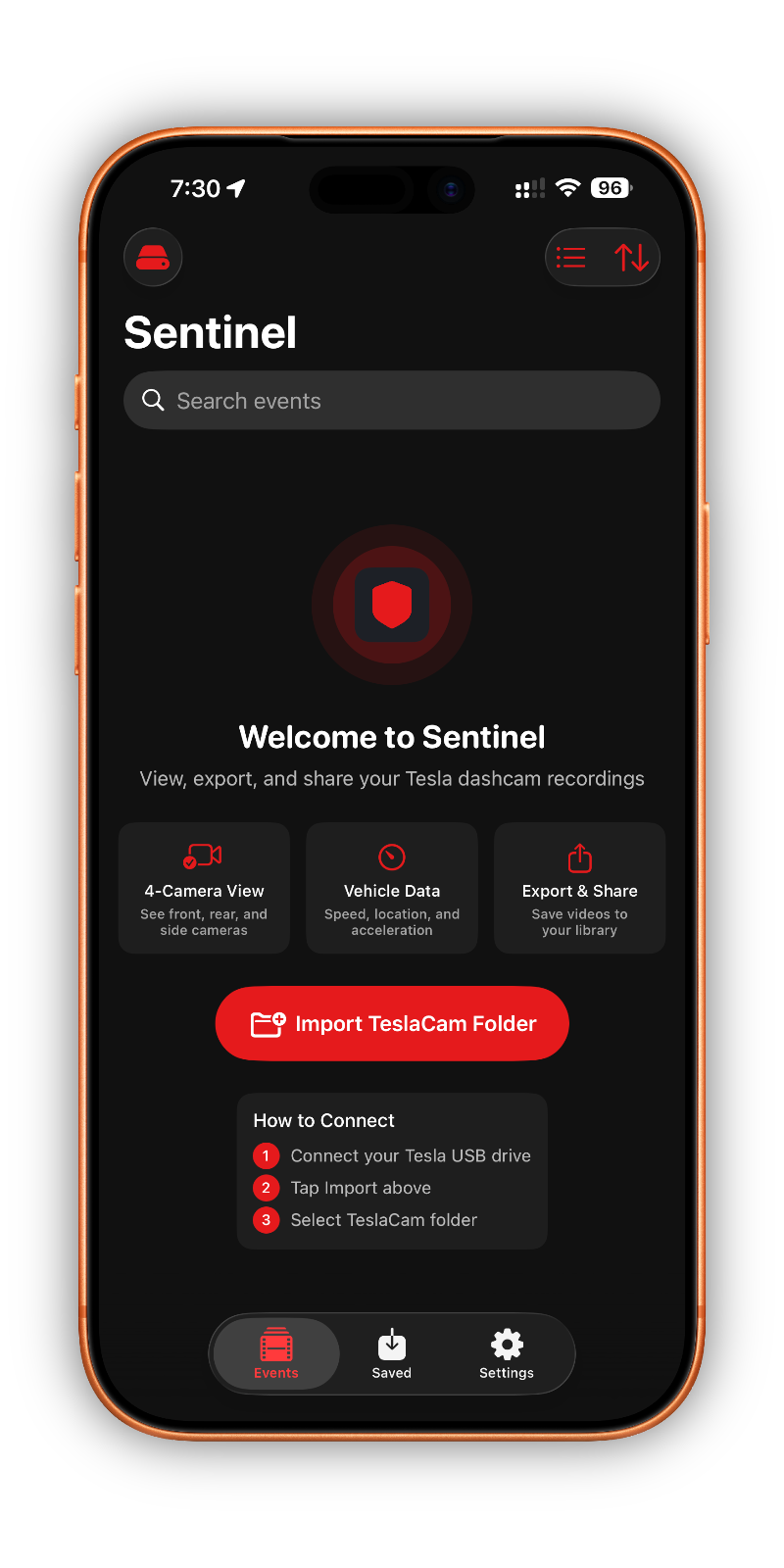 Sentinel app showing quad-view of Tesla dashcam footage